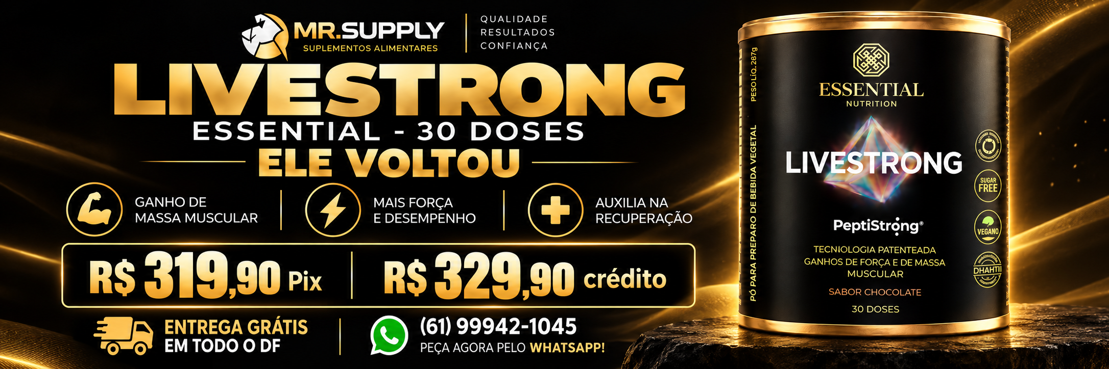 Livestrong Essential, 30 doses. Ele voltou! R$ 319,90 no Pix ou R$ 329,90 no crédito.